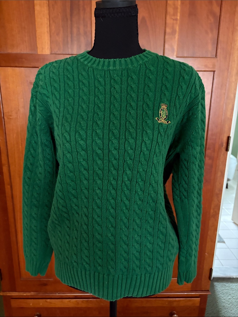 Vintage Ralph Lauren Green Cable Knit Crewneck Sweater with Crest